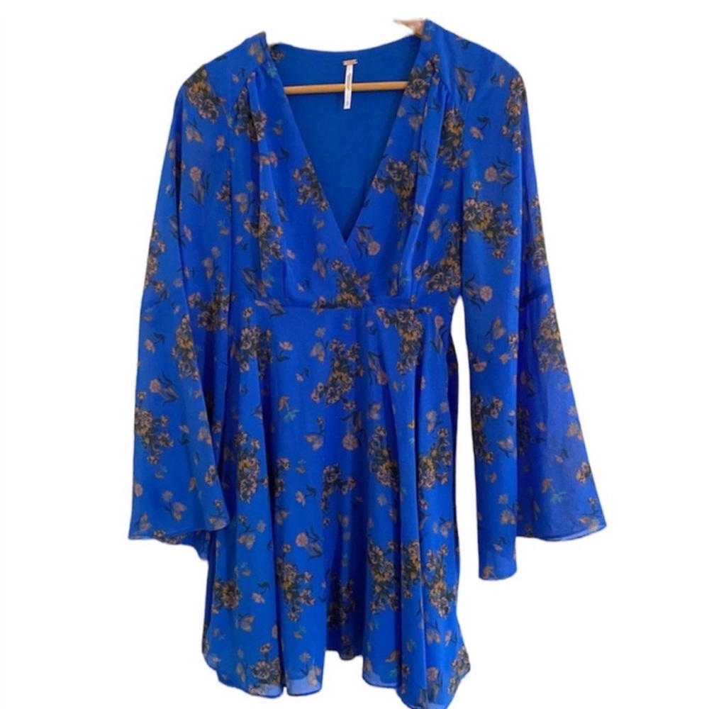 Free People Blue Floral Dress with Bell Sleeves